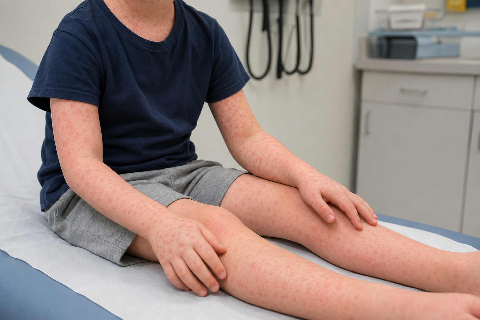 Blanching maculopapular viral-type rash on a child