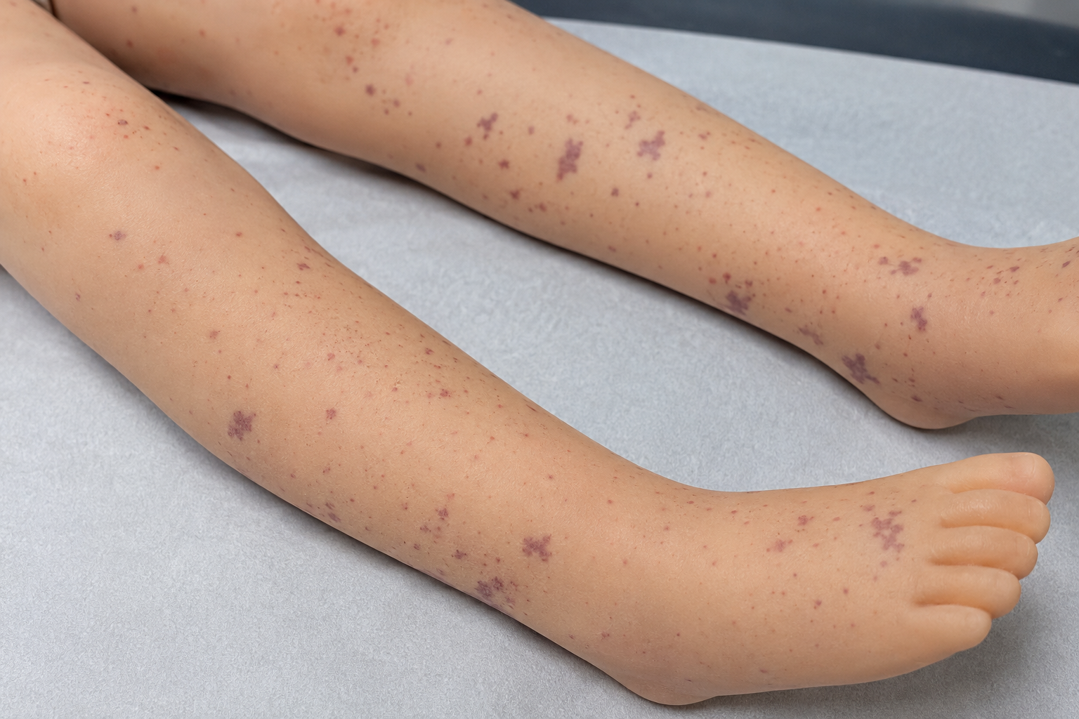 Non-blanching petechial and purpuric rash on a child's skin
