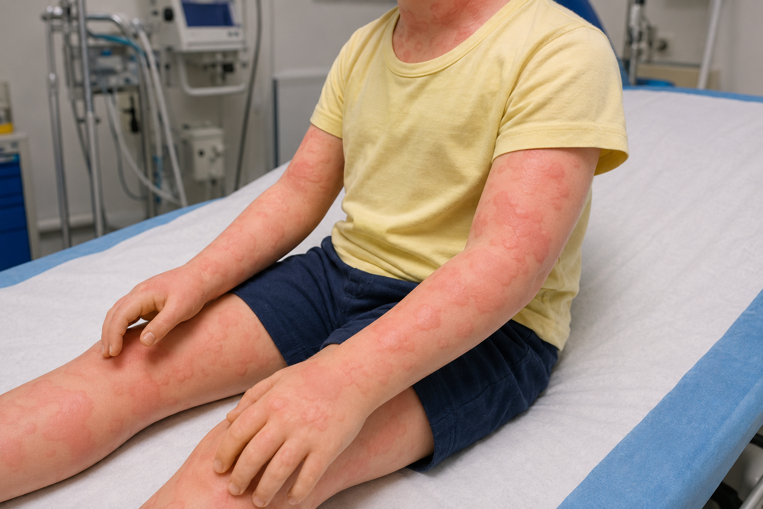 Raised urticarial wheals on a child's skin