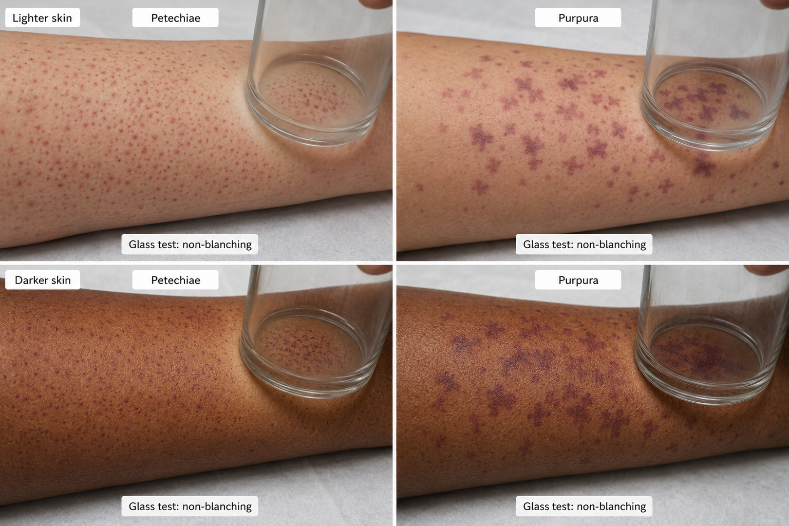Comparison of pinpoint petechiae versus larger confluent purpura, with the tumbler test demonstrated